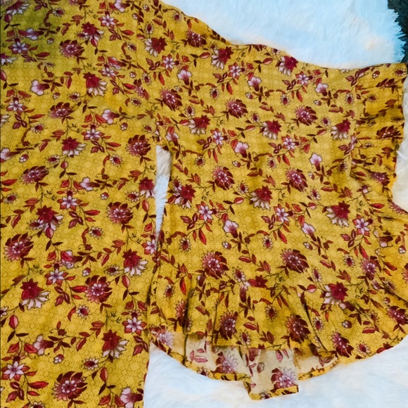 HPx2 Mustard Red Floral Tunic Relaxed Fit Ruffle Butterfly Sleeves Tie Waist SML - Picture 14 of 16